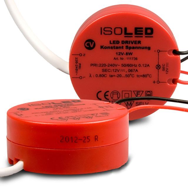 LED transformer 12V/DC, 0-8W, round design, SELV