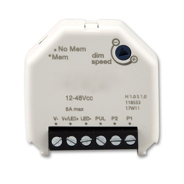 Universal push PWM dimmer for LED spots / strips, 1 channel, 12-24V 8A, 36-48V 6A