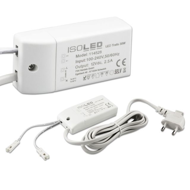 LED trafó MiniAMP 12V/DC, 0-30W, 200cm kábel, lapos dugóval, szekunder 2 female aljzattal