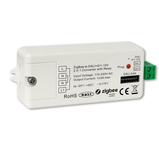 ZIGBEE to DALI DT6/DT8 or 0/1-10V signal converter + 5A switching relay, 110-240V AC
